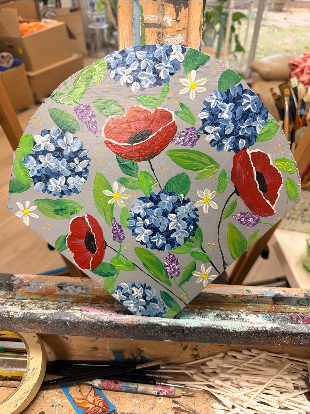 Hand-Painted Floral Heart Wall Art - Red, Blue, Green